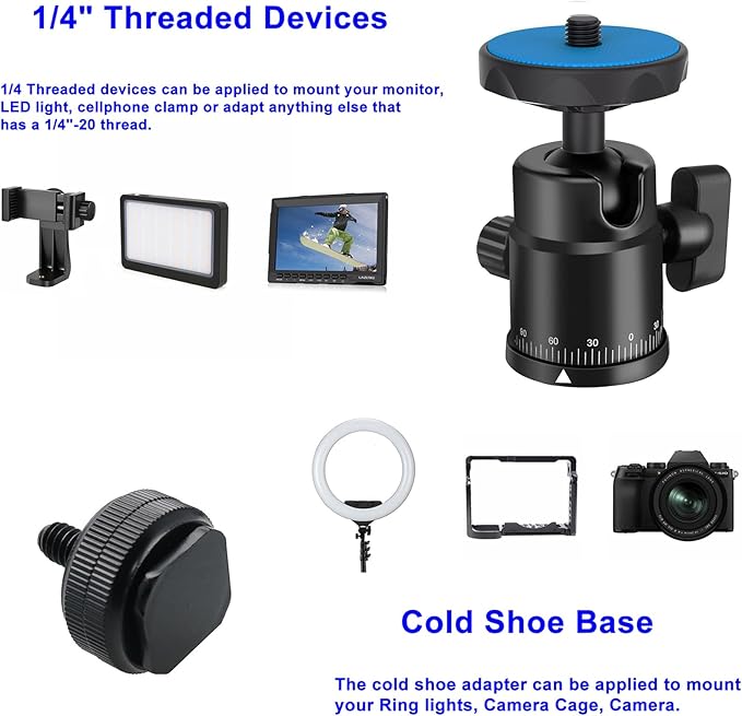 Universal 1/4" Swivel Mini Ball Head Screw Tripod Mount with Hot Shoe Mount, EszkozTA 360° Panoramic Rotating Mount Base Adapter for DSLR Cameras HTC Vive Tripods Monopods Light Stand