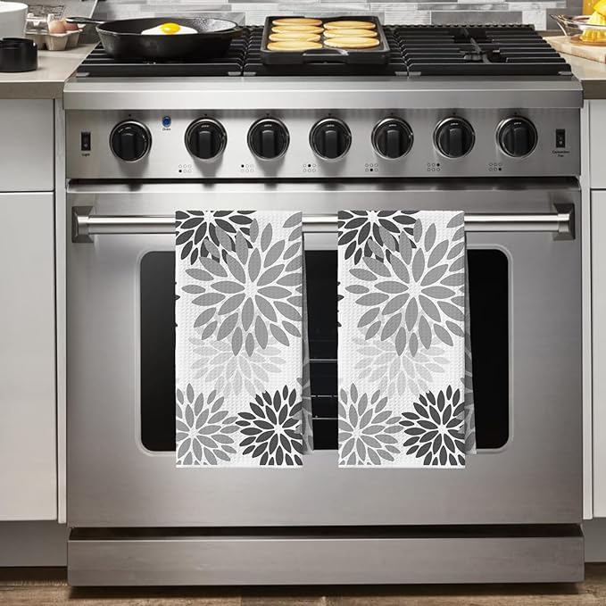 Artoid Mode Grey Dahlia Floral Kitchen Towels Dish Towels, 18x26 Inch Quick Dry Microfiber Cloth Hand Towels for Kitchen Drying Set of 2