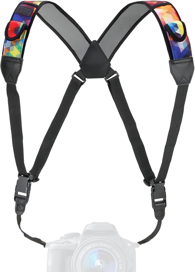 USA Gear DSLR Camera Strap Chest Harness with Quick Release Buckles, Geometric Neoprene Pattern and Accessory Pockets - Compatible with Canon, Nikon, Sony Point and Shoot and Mirrorless Cameras