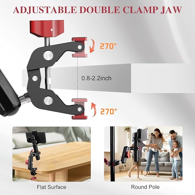 Super Clamp Double Camera Clamp,Dual Clip Mount with Magic Socket Arm - 3/8" & 1/4" Screw, Heavy-Duty Clamps for Desk & Cross Bars& Tripod & Handlebar,All Metal -Max Load Capacity 8.8LB,JC010
