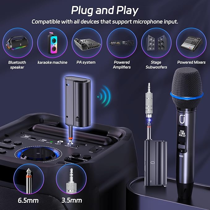 Wireless Microphones for Karaoke: Dual Professional Karaoke Microphone for Singing, Rechargeable Dynamic UHF Mic System with Receiver for Church, Party, Meeting, Speech, PA System, Plug and Play