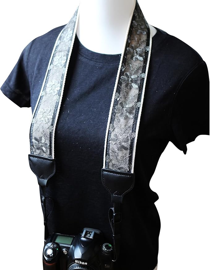 UNIKSTRAP Original Design Adjustable Camera Strap Silver thread & Black Lace, 2 Inch (5cm) Width, Fit for Canon Nikon Sony Interchangeable Lens Digital Camera/DSLR
