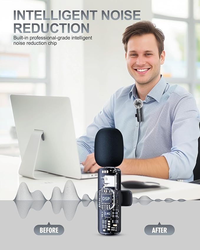 PQRQP 3 in 1 Professional Wireless Lavalier Microphone for iPhone, Android, Camera, Wireless Microphones, Mini Microphone, Crystal Clear Sound Quality for Recording, Live Streaming, Microphone Clips