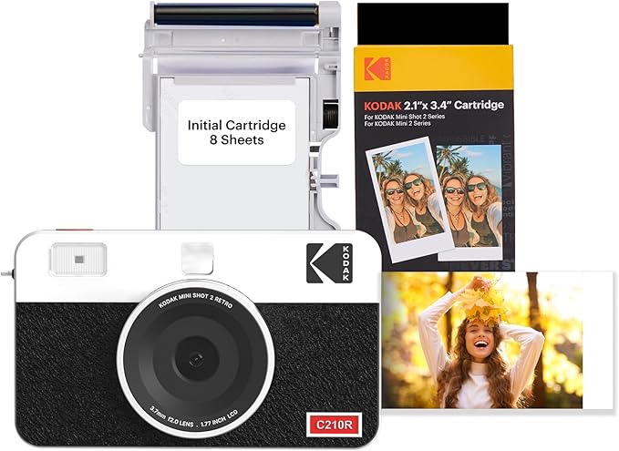 KODAK Mini Shot 2 Retro 4PASS 2-in-1 Instant Digital Camera and Photo Printer (2.1x3.4 inches) Initial 8 Sheets + 30 Sheets Bundle, White