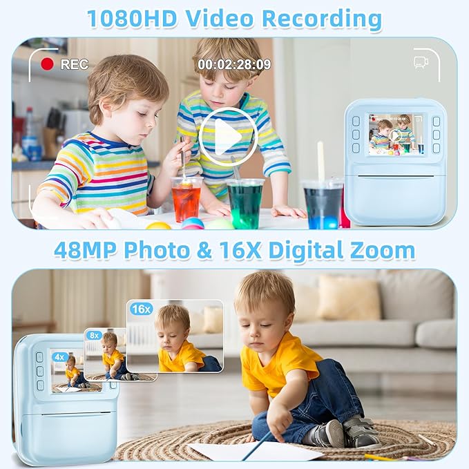 MINIBEAR Kids Camera Instant Print, 48MP Instant Print Camera for Kids 1080P Toddler Digital Video Camera Christmas Birthday Gifts for 3 4 5 6 7 8 9 10 Year Old Boys Toys, 3 Rolls Print Paper, Blue