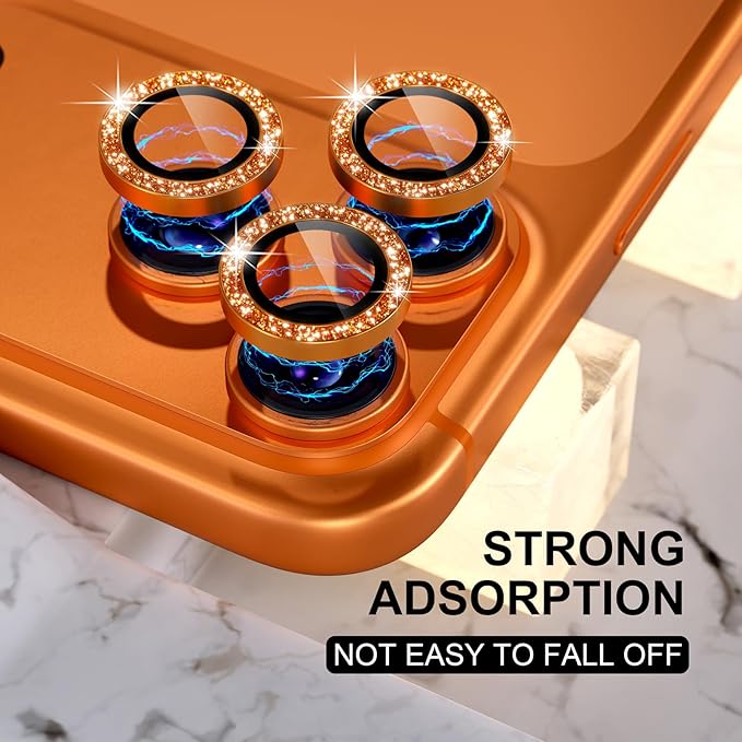 Choiche Compatible for iPhone 17 Pro/iPhone 17 Pro Max Camera Lens Protector Bling, 9H Tempered Glass Camera Cover Screen Protector Metal Ring Decoration Accessories (Glitter-Orange)