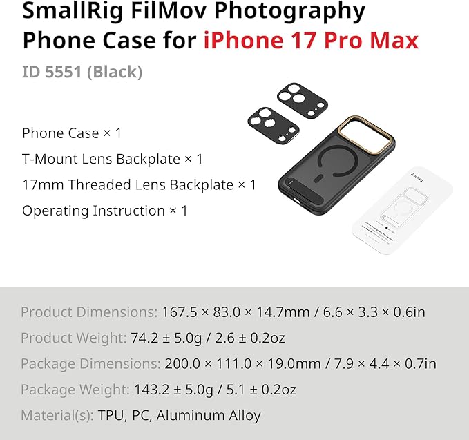 SMALLRIG FilMov Phone Case Kit for iPhone 17 Pro Max, Magnetic Case with Adjustable Kickstand, Lens Backplate, Support for MagSafe, for Phone Gimbal Stabilizer,for DJI,for Insta360, Black-5551