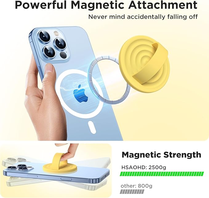 Upgraded Magnetic Phone Grip, Liquid Silicone Soft and Portable, Removable Finger Loop Ring Grip Holder for iPhone, Strong Magnetic Attraction, Compatible with MagSafe Phone Case, Yellow