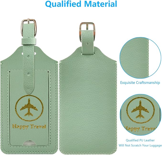 ACdream Luggage Tags 2 Pack, Leather Suitcase Tags Identifiers, Cute Cruise ID Labels with Privacy Cover fits on Backpack, Travel Bag, for Women, Men, Adults, Kids, Agave Green