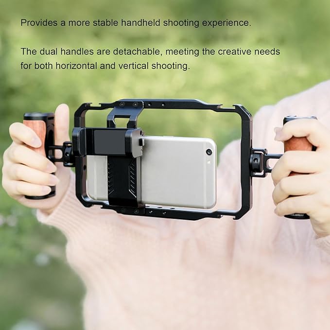 Smartphone Video Rig Dual Handle Filmmaking Vlogging Case Phone Stabilizer Grip with Microphone and Fill Light