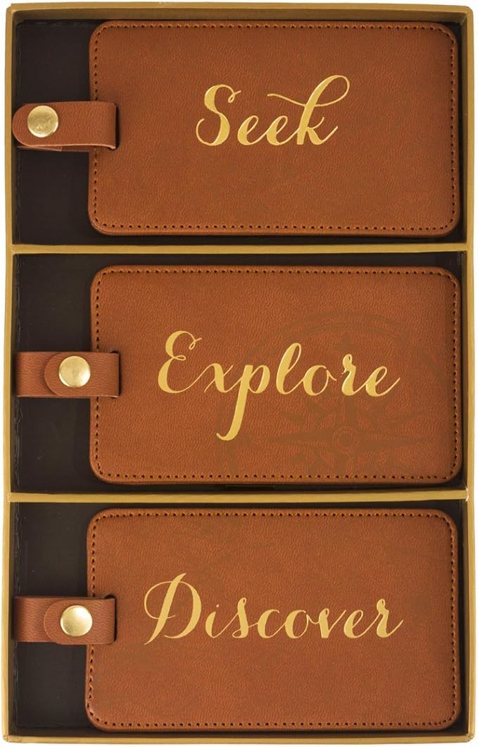 WORLD TRAVELER Luggage Tag Set - 3 Pack Baggage Tags Identifiers with ID Cards - Faux Leather Luggage Tags for Suitcases, Size One Size, Brown Sleek