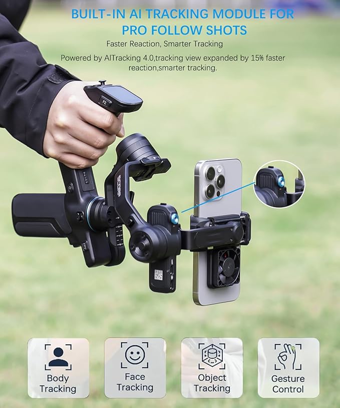 FeiyuTech Scorp Mini 3 Gimbal Stabilizer for Smartphone, 3-Axis Phone Gimbal Built-in AI Tracking Module, with Cooling Fan and Integrated Grip Design, Touch Screen, 2KG Payload for iPhone and Android