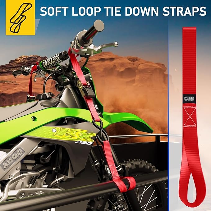 Soft Loop Tie Down Straps - 1,500 Load Capacity & 4,500 Lbs Breaking Strength - 6 Pack - Loops for Securing ATV, UTV, Motorcycles, Scooters, Dirt Bikes, Lawn & Garden Equipment - by AUGO
