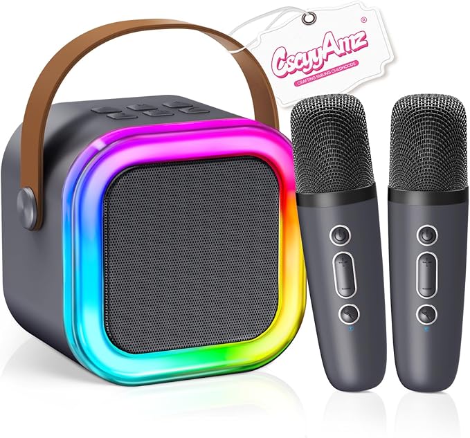 【2026 Newest】 Mini Karaoke Machine for Kids Girls & Boys - Portable Bluetooth Speaker with 2 Wireless Microphones - Kids Birthday Gifts for Ages 4-10 - Kids' Instrument Accessories - Space Gray