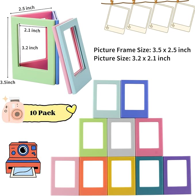 10 Pack Magnetic Picture Frame for Fujifilm Instax Mini Film, 2x3 inch Mini Picture Frame for Refrigerator Polaroid Photo Frame Magnets Photo Holder for Fridge DIY Collage Magnet for Office/Home