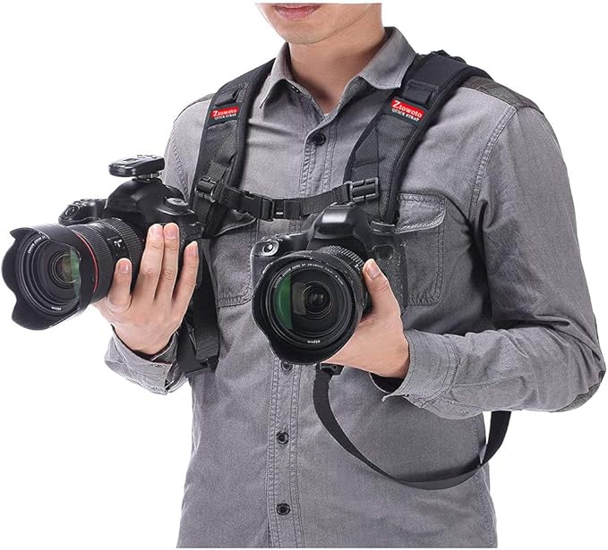 ztowoto Camera Shoulder Double Strap Harness Quick Release Adjustable Dual Camera Tether Strap with Safety Tether and Lens Cleaning Cloth for DSLR SLR Camera