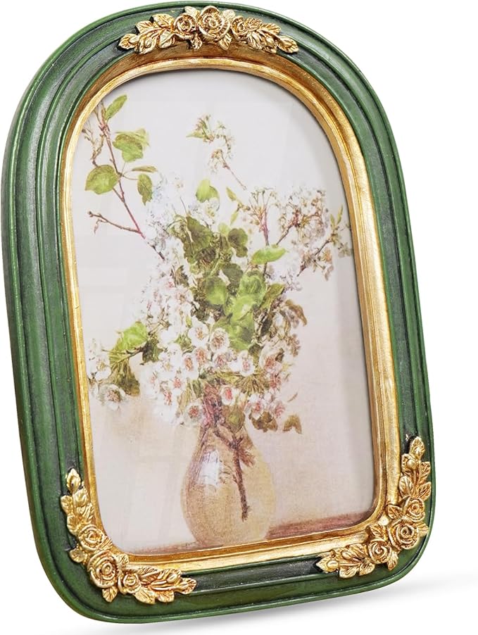 Cuspin Vintage 5x7 Picture Frame Green and Gold Decor, Ornate Arch Picture Frames with Glass Front for Tabletop or Wall Hanging Display, Antique Decorative Frame for Home Decor or Gift