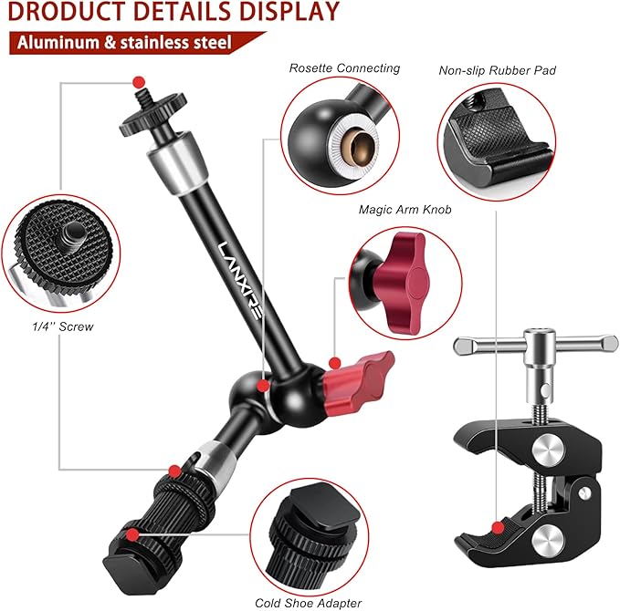9 Inch Adjustable Magic Arm with Super Clamp and Cold Shoe Adapter - Compatible Photography Accessories - Max Load 4.4lb/2kg
