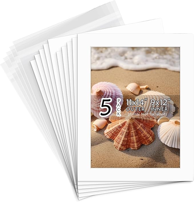 Golden State Art, Acid Free, Pack of 5, 11x14 White Picture Mats Mattes with White Core Bevel Cut for 9x12 Photo + Backing + Bags