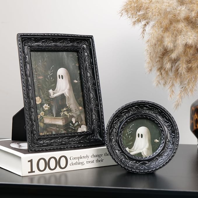 Cuspin Gothic Picture Frame Set of 2, Vintage Ornate Black Resin Frames (4x6 Rectangle & 3x3 Round), Baroque Decorative Photo Frames with Plexiglass Front, Tabletop Easel & Wall Mount