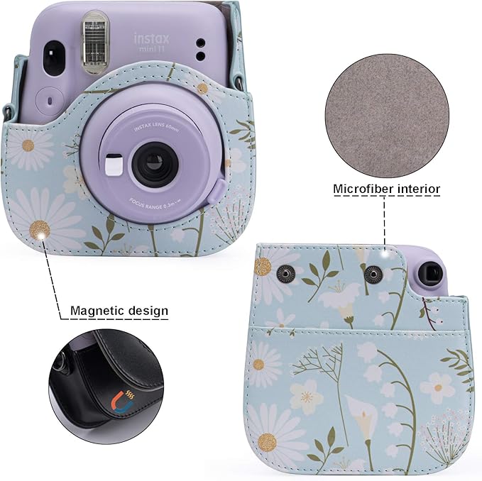 Frankmate PU Leather Camera Case Compatible with Fujifilm Instax Mini 11 12 Instant Camera with Adjustable Strap and Pocket (Chrysanthemum)