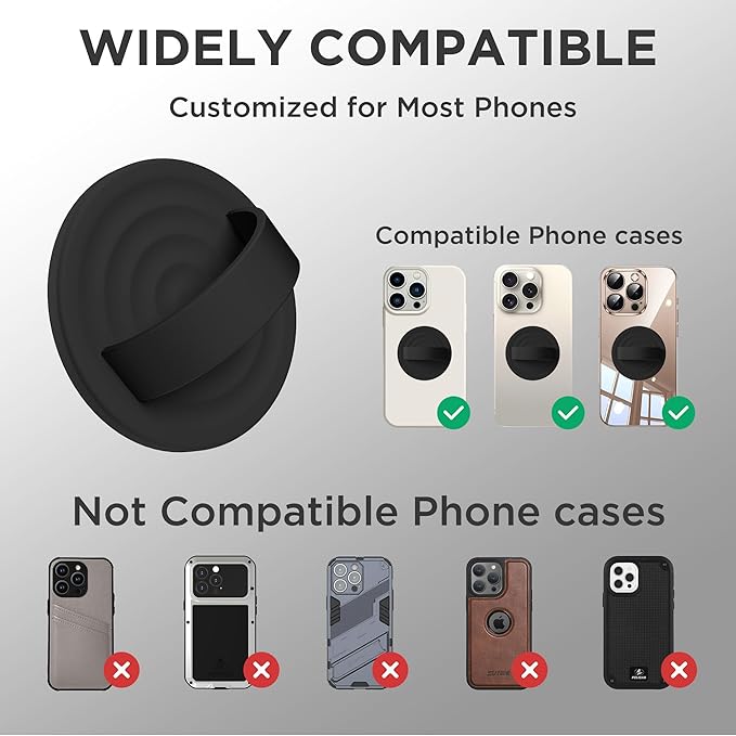 Upgraded Magnetic Phone Grip, Liquid Silicone Soft and Portable, Removable Finger Loop Ring Grip Holder for iPhone, Strong Magnetic Attraction, Compatible with MagSafe Phone Case, Black