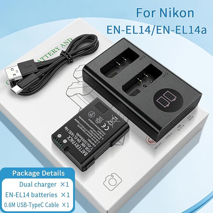 EN-EL14/EN-EL14a Battery Pack, 7.4V 2050mAh, with Dual Slot Fast USB Charger, for Nikon D5100 D3200 D5300 D3100 D5200 D3300 D5500 D3400 Df D3500 D5600 P7000 P7100 P7700 P7800 Digital Camera