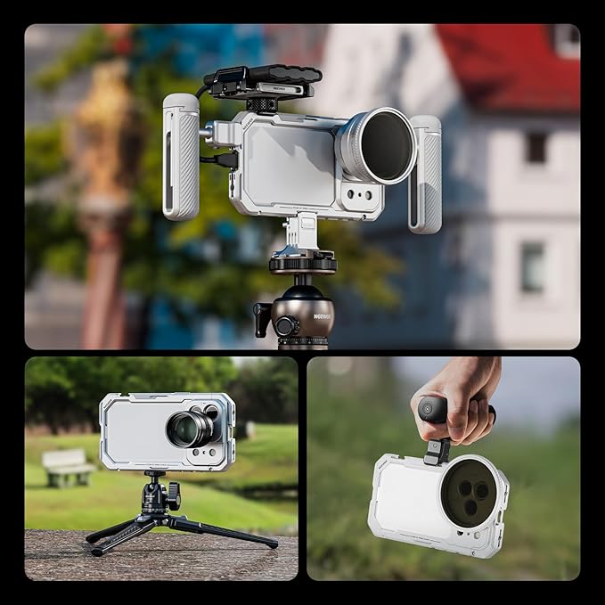 NEEWER 17 Pro Cage, Quick Release Video Rig Phone Stabilizer Compatible with iPhone 17 Pro with 67mm Filter Ring, 17mm Lens Backplate, T Mount Adapter Compatible with Moment, Silver, PA143