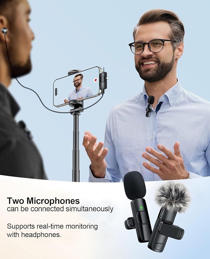 3-in-1 Mini Microphone for iPhone: Wireless Lavalier Microphones for iOS/Android/Camera - Noise Reduction Lapel Mic, Clip on Mic for Video Recording Vlog, YouTube, Interview, Gifts