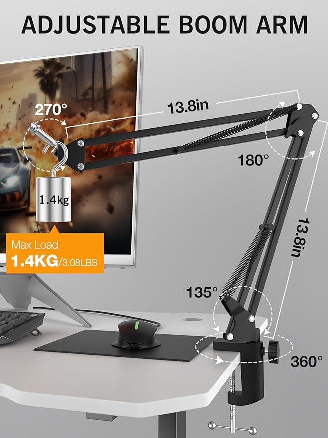 SUNMON Rode NT-USB Mic Boom Arm - Mic Arm for RODE NT-USB/NT-USB+/NT-USB Mini and Most Microphone, Adjustable Boom Scissor Arm Stand with 3/8" to 5/8" Adapter by SUNMON