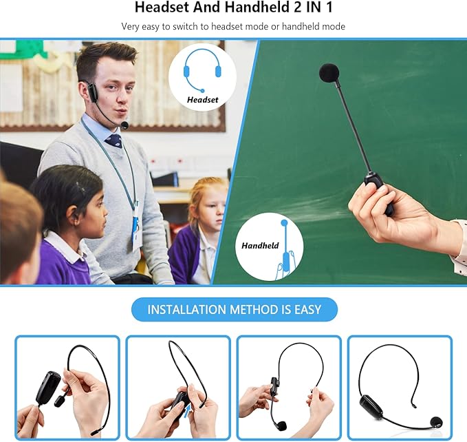 Bietrun Wireless Microphone Headset, UHF Wireless Headset Mic System, 160ft Range,1/8'' and 1/4'' Plug, for Speakers, Voice Amplifier, PA System(Not Supported AUX/iOS)
