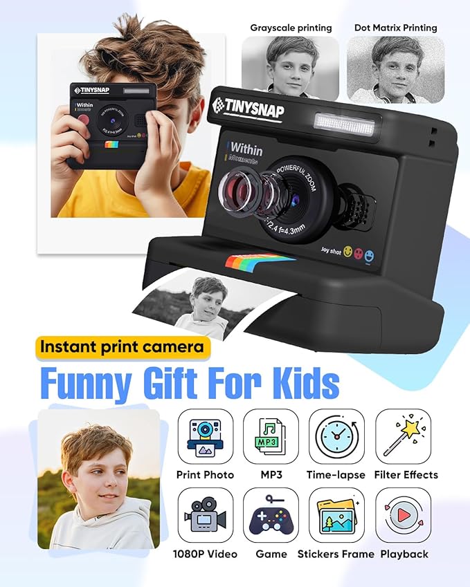 Instant Print Camera for Kids,Dual Len Kids Cameras with 2.4 Inch Screen, Christmas Birthday Gifts for Girls Age 3-12, Portable Toddler Toy for 3 4 5 6 7 8 9 10 Year Old Girls Boys (Black)