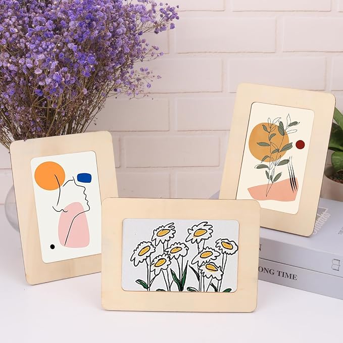 kukmakri 30 Pack Unfinished Wooden Picture Frames Set with 4x6 inch Photos, Wooden Frames for Crafts, Standing Postcard & Photos Picture Frame Set –Suitable for Crafts DIY, Souvenir decoration