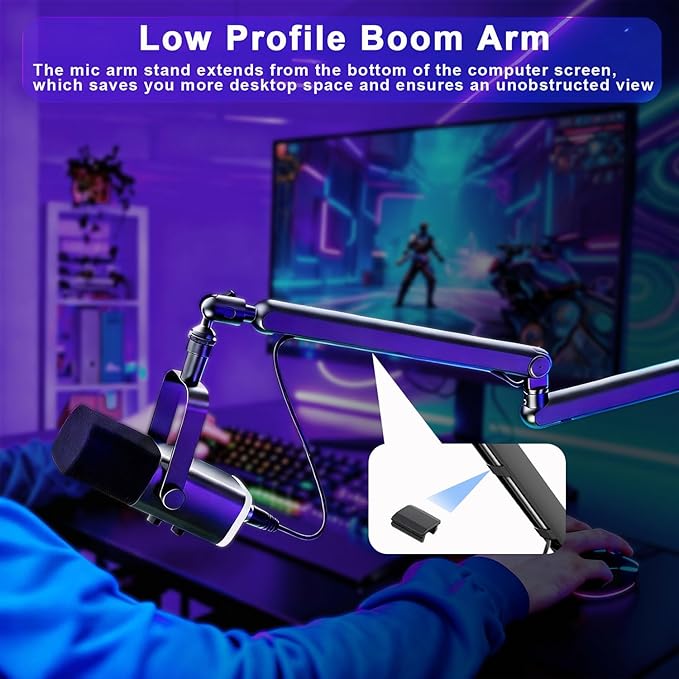Microphone Boom Arm - Heavy Duty Low Profile Metal Mic Arm Stand with Desk Clamp & Cable Management, 360° Rotatable, Fits Shure SM7B/MV7, Blue Yeti, Fifine AM8, AT2020 for Podcasting & Gaming