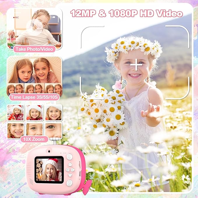 Kids Instant Print Camera - 12MP Ink Free Printing for Kids Aged 3-10 - Selfie Camera for Boys & Girls - Pink