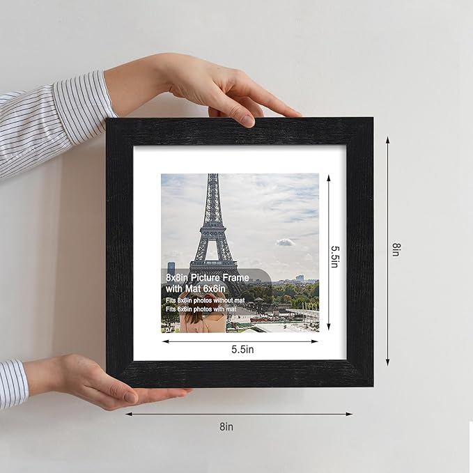 8x8 Picture Frames Set of 4, Made of Glass and Rustic Black Wooden Frame - Display Picture 6x6 with Mat or 8 x 8 Without Mat, 8 by 8 Photo for Wall or Tabletop