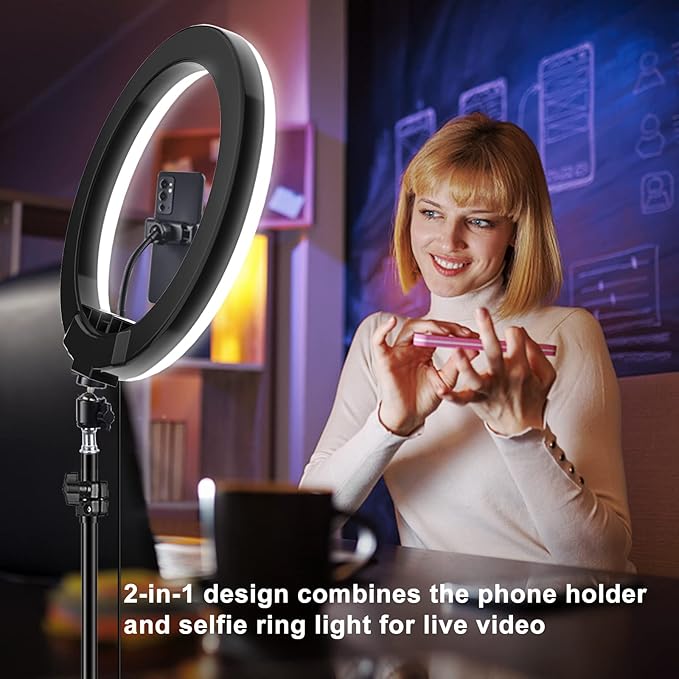 STALLY 10.2" Ring Light with Stand, 75" Tall Ring Light with Phone Holder and Wireless Remote, 12 Dimming Levels, 32 Color Modes Selfie Light Tripod for iPhone, Live Stream, Makeup, YouTube, TikTok