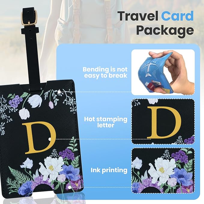 2 Pack PU Leahter Luggage Tags with PU Leather Straps, Fun Travel case Labels, Privacy-Protected ID Card Holders, Allowing for Quick Identification of Luggage and Easy locating of Your Bags (D)