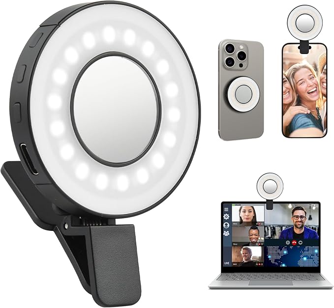 UTEBIT Phone Ring Light Rechargeable Small Magnetic Ring Light of Pocket-Size, 18 LEDs 4 Brightness Levels Portable Phone Clip on Light for Laptop & Makeup, Portable Selfie Light, White&Black