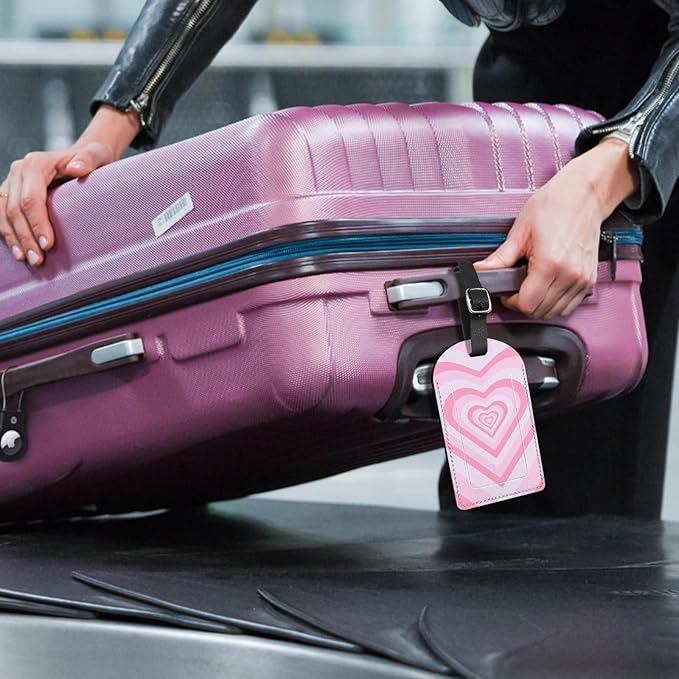 2 Pack Luggage Tag Suitcase Tags PU Leather Identifiers Privacy Cover Luggage Tags Aesthetic Cute Travel Bag Labels for Women Girls Men-Pink Heart