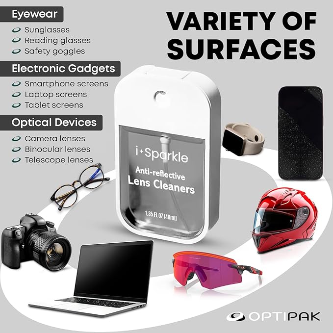 I-Sparkle Anti-Reflective Lens Cleaner Spray kit | (2x) 1.35oz Glasses Cleaner Spray + (2x) Microfiber Cloth for Eyeglasses, Sunglasses, Lenses, Screens and Camera Cleaning Kit (4 Piece Set)