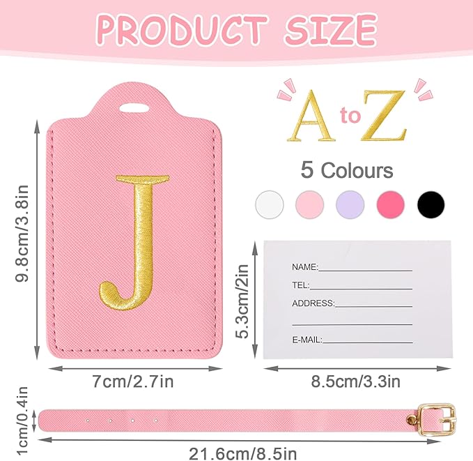 Personalized Initial Luggage Tags for Suitcases, Cute PU Leather Embroidered Letter Travel Luggage Tags, Suitcase Identifier Name Baggage Tag, Bag Tags for Men Women Kids Luggage Handbags(Pink J)