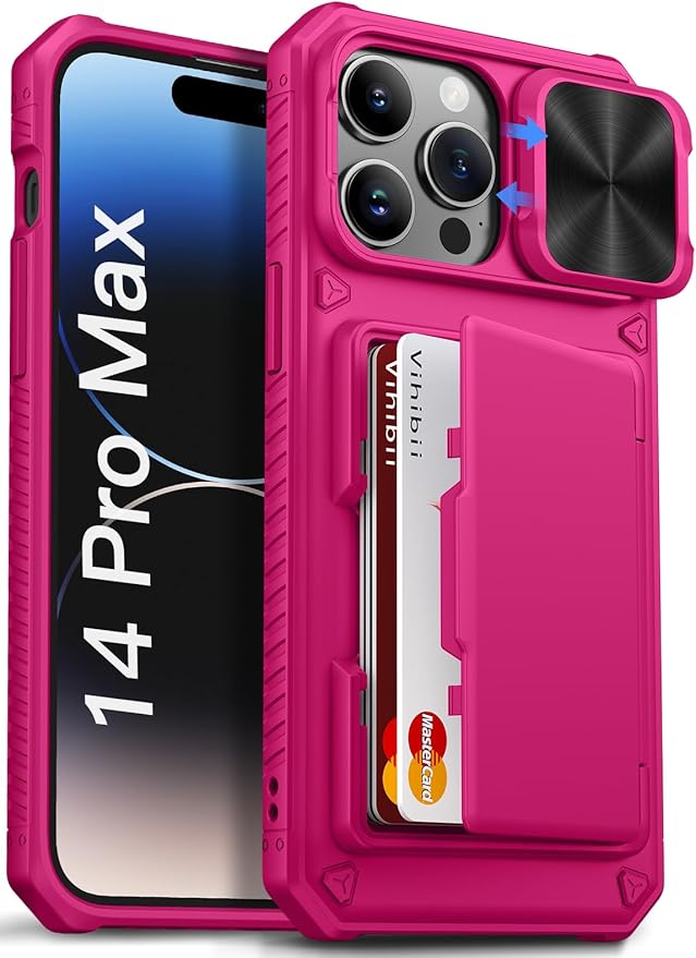 Vihibii for iPhone 14 Pro Max Case with Card Holder (4 Cards), [RFID Blocking] & Slide Camera Cover & Raised Edges Protect Screen, Military Grade Drop Protection, Rugged Wallet Case, 6.7", Hot Pink
