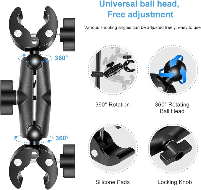 PULUZ Super Double Camera Clamp Mount, Crab Plier Clip Bracket Magic Arm Double Ball Head Adapter Umbrella Clamp for Motorcycle, Bike, Cross Bars, Desktop, Light Stand, Photo Boom Stand