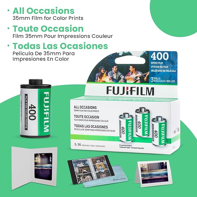 FUJIFILM 400 Color Negative Film (35mm Roll Film, 36 Exposures, 3-Pack) + BluebirdSales Photo Album, Photo Frames (10 Frames) + Microfiber Cleaning Cloth