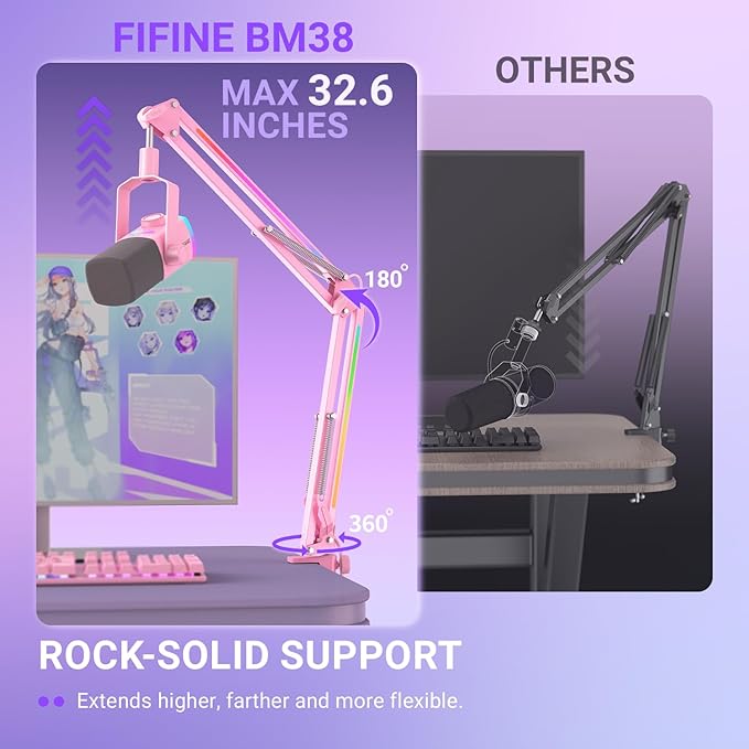 FIFINE Microphone Boom Arm, Metal Adjustable Mic Arm Stand with RGB Button, 3/8” to 5/8” Screw Adapter, Desk Mount Clamp, Suspension Scissor Mic Stand for Gaming Streaming Podcast-AmpliGame BM38P