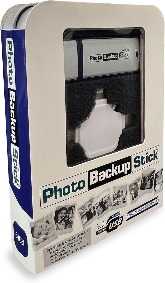 Photo Backup Stick Universal Picture and Video Backup for Any Device - iPhone, Android, Computer, Tablets (64GB)