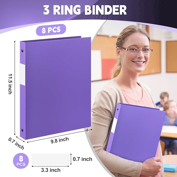 Henoyso 8 Pcs 3 Ring Binder 1/2'' Round Fits Letter Size 8.5'' x 11'' Paper Plastic Flexible Binder Holds 140 Sheets with 1 Pockets Versatile Organizer for Home Office School (Purple)