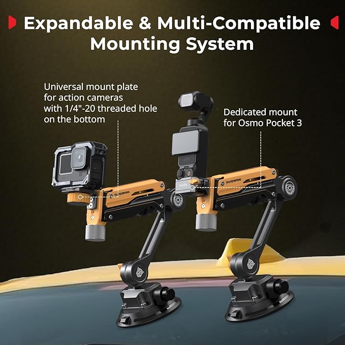SMALLRIG Mini Shock Absorber Arm, 4" Vacuum Suction Cup, Double Spring and Hydraulic Damping, Car Mount for DJI Action 6/5 Pro/Pocket 3, for GoPro Hero 13/12, for Insta360 X5/4(Bumblebee Edition)-5528
