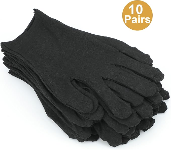Senkary 10 Pairs Black Cotton Gloves for Men Women, Cloth Work Gloves Liners for Art Handling, Photography, Photo, Coin Jewelry Inspection, Archival, Dry Hands Sleeping, Eczema